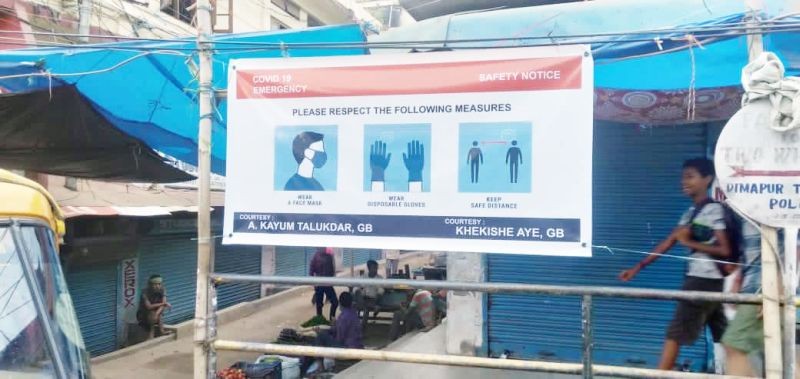 Flex banners displaying precautionary and hygienic measures to be taken by public during the current pandemic being displayed at New Market, Dimapur under the aegis of New Market Business Owners' Association and GBs Khekishe Aye and A Kayum Talukdar. (Morung Photo)